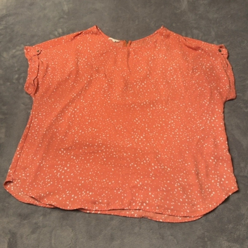 Unknown Blouse Women XL Coral White Dot Print Back Zip Short Sleeve Casual Top